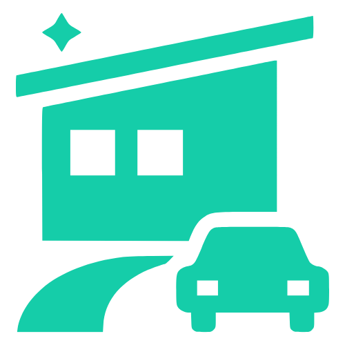 Icon with a car parked on a driveway infront of a small house with a tarmac pathway to show how tarmac driveways increase property value